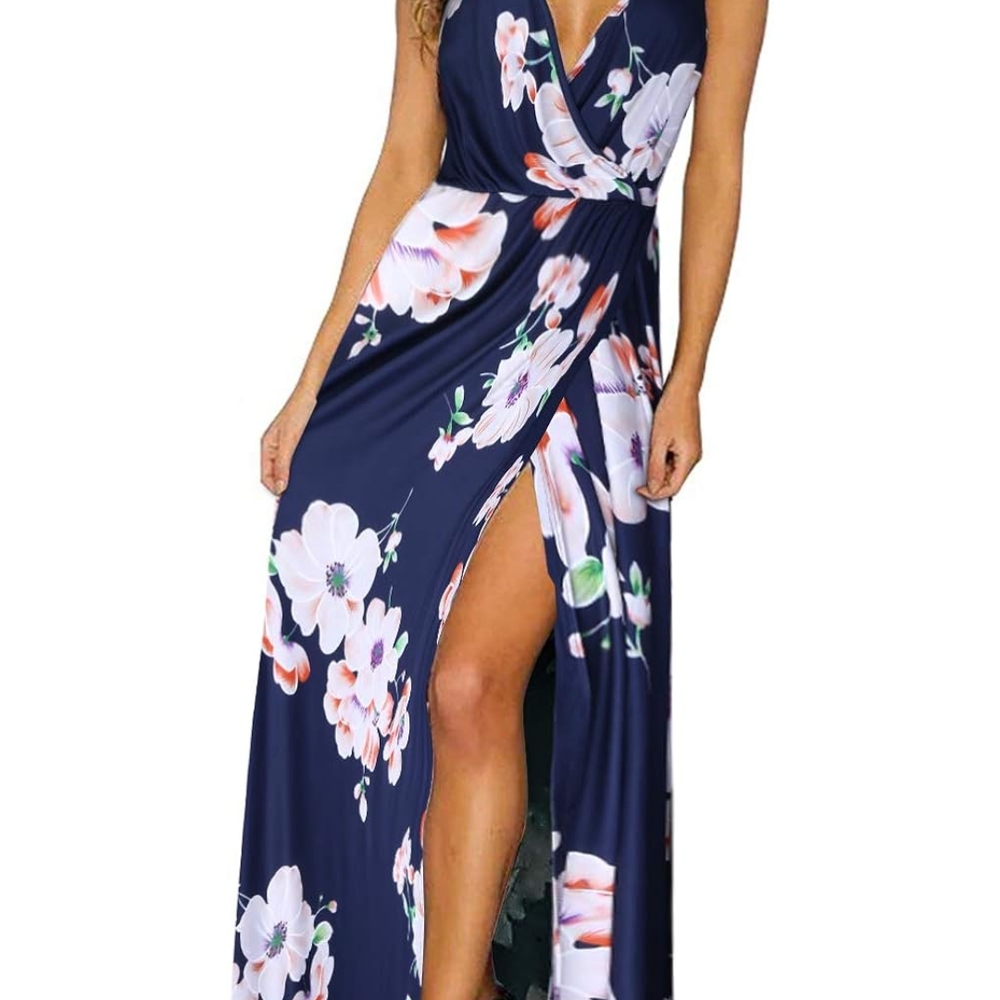 Navy Floral Maxi Dress with Slit